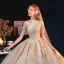 Luxury / Gorgeous Gold Bridal Wedding Dresses 2020 A-Line / Princess V-Neck Short Sleeve Backless Appliques Sequins Beading Glitter Tulle Cathedral Train Ruffle
