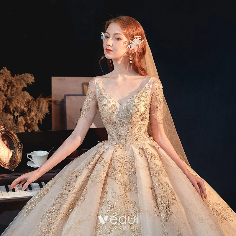 Luxury Gorgeous Gold Bridal Wedding Dresses 2020 A Line Princess V Neck  Short Sleeve Backless Appliques Sequins Beading Glitter Tulle Cathedral  Train Ruffle