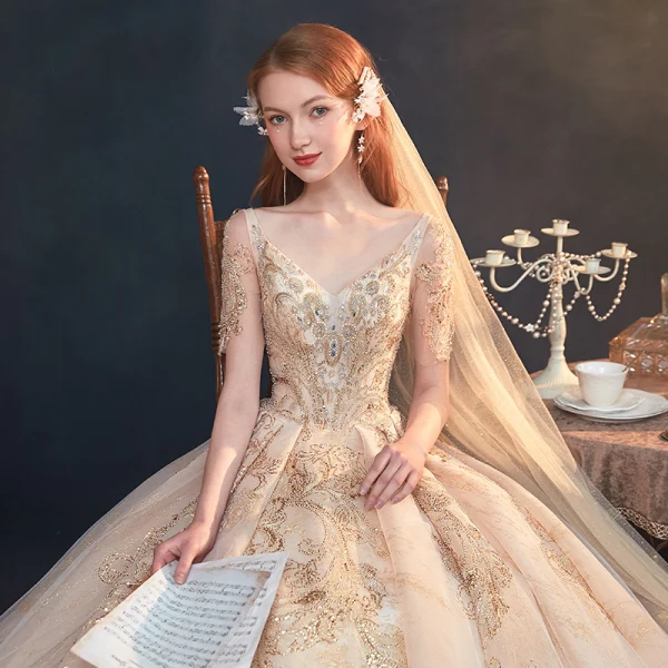 Luxury / Gorgeous Gold Bridal Wedding Dresses 2020 A-Line / Princess V-Neck Short Sleeve Backless Appliques Sequins Beading Glitter Tulle Cathedral Train Ruffle