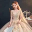 Luxury / Gorgeous Gold Bridal Wedding Dresses 2020 A-Line / Princess V-Neck Short Sleeve Backless Appliques Sequins Beading Glitter Tulle Cathedral Train Ruffle