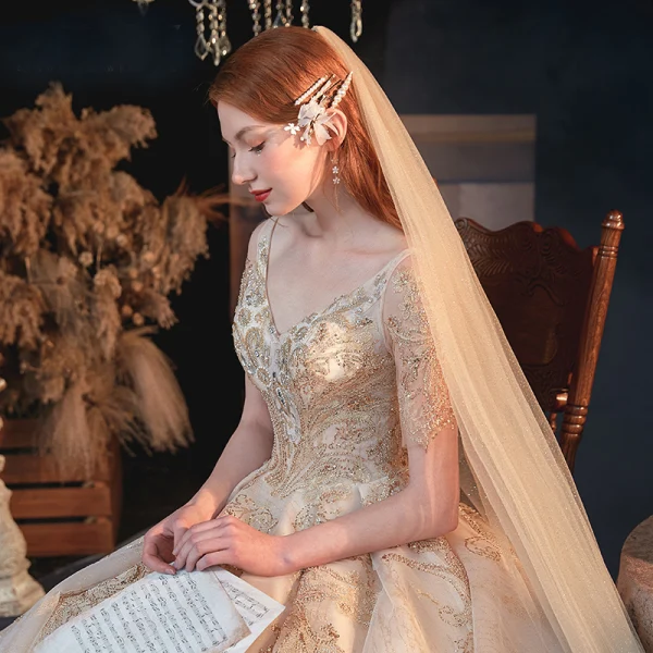 Luxury / Gorgeous Gold Bridal Wedding Dresses 2020 A-Line / Princess V-Neck Short Sleeve Backless Appliques Sequins Beading Glitter Tulle Cathedral Train Ruffle