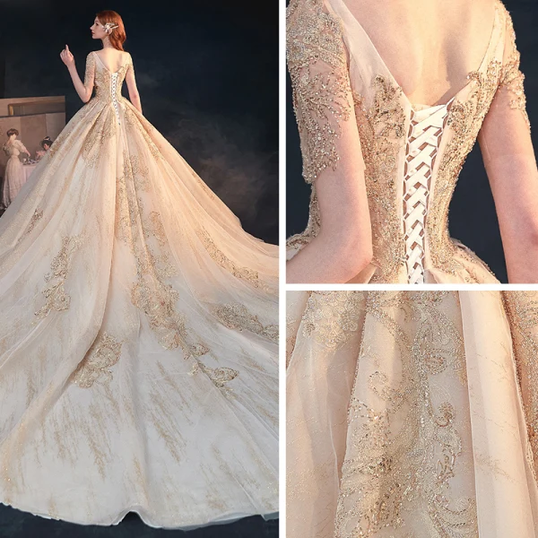 Luxury / Gorgeous Gold Bridal Wedding Dresses 2020 A-Line / Princess V-Neck Short Sleeve Backless Appliques Sequins Beading Glitter Tulle Cathedral Train Ruffle