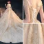 Luxury / Gorgeous Gold Bridal Wedding Dresses 2020 A-Line / Princess V-Neck Short Sleeve Backless Appliques Sequins Beading Glitter Tulle Cathedral Train Ruffle