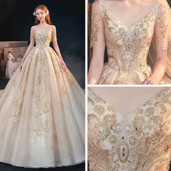Luxury / Gorgeous Gold Bridal Wedding Dresses 2020 A-Line / Princess V-Neck Short Sleeve Backless Appliques Sequins Beading Glitter Tulle Cathedral Train Ruffle