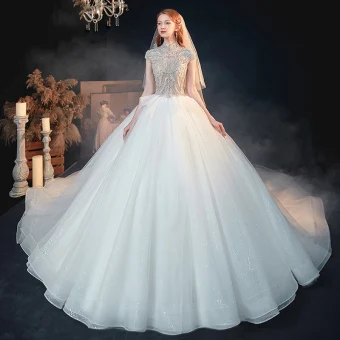 Vintage Retro White See Through Bridal Wedding Dresses 2020 Ball Gown High Neck Short Sleeve Backless Beading Glitter Tulle Cathedral Train Ruffle