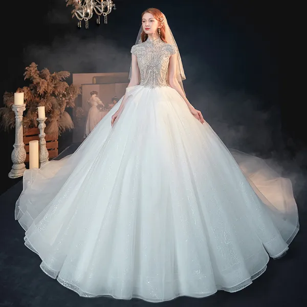 Vintage / Retro White See-through Bridal Wedding Dresses 2020 Ball Gown High Neck Short Sleeve Backless Beading Glitter Tulle Cathedral Train Ruffle