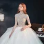 Vintage / Originale Blanche Transparentes La Mariée Robe De Mariée 2020 Robe Boule Col Haut Manches Courtes Dos Nu Perlage Glitter Tulle Cathedral Train Volants