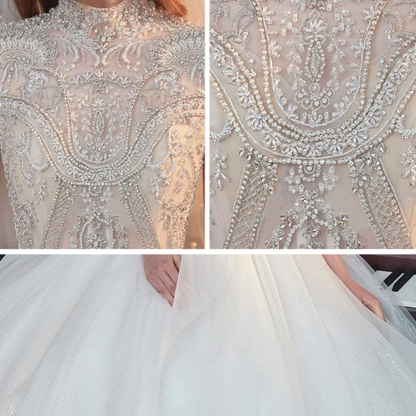Vintage / Originale Blanche Transparentes La Mariée Robe De Mariée 2020 Robe Boule Col Haut Manches Courtes Dos Nu Perlage Glitter Tulle Cathedral Train Volants