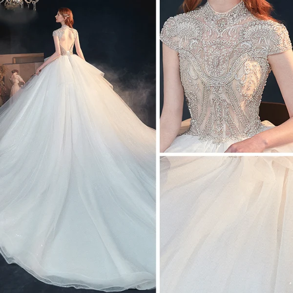 Vintage / Originale Blanche Transparentes La Mariée Robe De Mariée 2020 Robe Boule Col Haut Manches Courtes Dos Nu Perlage Glitter Tulle Cathedral Train Volants