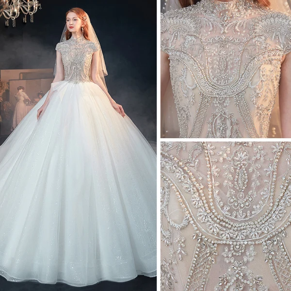 Vintage / Originale Blanche Transparentes La Mariée Robe De Mariée 2020 Robe Boule Col Haut Manches Courtes Dos Nu Perlage Glitter Tulle Cathedral Train Volants