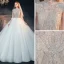 Vintage / Originale Blanche Transparentes La Mariée Robe De Mariée 2020 Robe Boule Col Haut Manches Courtes Dos Nu Perlage Glitter Tulle Cathedral Train Volants