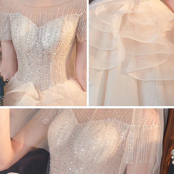 Luxe Champagne Transparentes La Mariée Robe De Mariée 2020 Princesse Encolure Dégagée Manches Courtes Dos Nu Perlage Paillettes Glitter Tulle Cathedral Train Volants