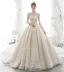 Luxe Champagne Transparentes La Mariée Robe De Mariée 2020 Robe Boule Col Haut 3/4 Manches Dos Nu Appliques En Dentelle Paillettes Perlage Cathedral Train Volants