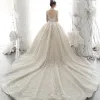 Luxury / Gorgeous Champagne See-through Bridal Wedding Dresses 2020 Ball Gown High Neck 3/4 Sleeve Backless Appliques Lace Sequins Beading Cathedral Train Ruffle