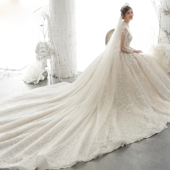 Luxe Champagne Transparentes La Mariée Robe De Mariée 2020 Robe Boule Col Haut 3 4 Manches Dos Nu Appliques En Dentelle Paillettes Perlage Cathedral Train Volants