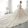 Luxury / Gorgeous Champagne See-through Bridal Wedding Dresses 2020 Ball Gown High Neck 3/4 Sleeve Backless Appliques Lace Sequins Beading Cathedral Train Ruffle
