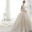 Luxe Champagne Transparentes La Mariée Robe De Mariée 2020 Robe Boule Col Haut 3/4 Manches Dos Nu Appliques En Dentelle Paillettes Perlage Cathedral Train Volants