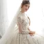 Luxe Champagne Transparentes La Mariée Robe De Mariée 2020 Robe Boule Col Haut 3/4 Manches Dos Nu Appliques En Dentelle Paillettes Perlage Cathedral Train Volants