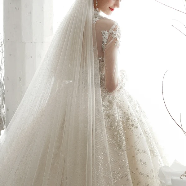 Luxe Champagne Transparentes La Mariée Robe De Mariée 2020 Robe Boule Col Haut 3/4 Manches Dos Nu Appliques En Dentelle Paillettes Perlage Cathedral Train Volants