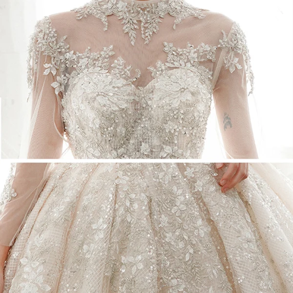 Luxe Champagne Transparentes La Mariée Robe De Mariée 2020 Robe Boule Col Haut 3/4 Manches Dos Nu Appliques En Dentelle Paillettes Perlage Cathedral Train Volants