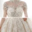 Luxe Champagne Transparentes La Mariée Robe De Mariée 2020 Robe Boule Col Haut 3/4 Manches Dos Nu Appliques En Dentelle Paillettes Perlage Cathedral Train Volants