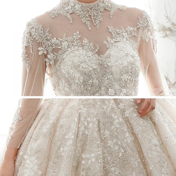 Luxe Champagne Transparentes La Mariée Robe De Mariée 2020 Robe Boule Col Haut 3/4 Manches Dos Nu Appliques En Dentelle Paillettes Perlage Cathedral Train Volants