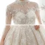 Luxe Champagne Transparentes La Mariée Robe De Mariée 2020 Robe Boule Col Haut 3/4 Manches Dos Nu Appliques En Dentelle Paillettes Perlage Cathedral Train Volants
