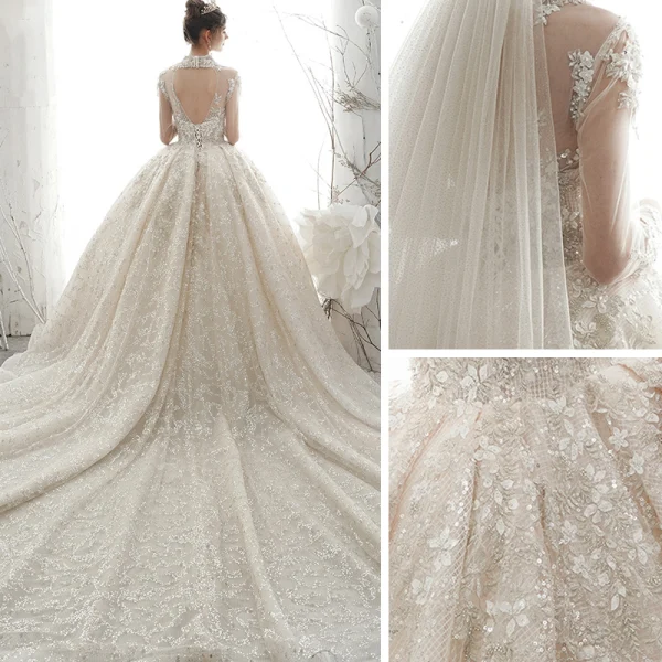 Luxe Champagne Transparentes La Mariée Robe De Mariée 2020 Robe Boule Col Haut 3/4 Manches Dos Nu Appliques En Dentelle Paillettes Perlage Cathedral Train Volants