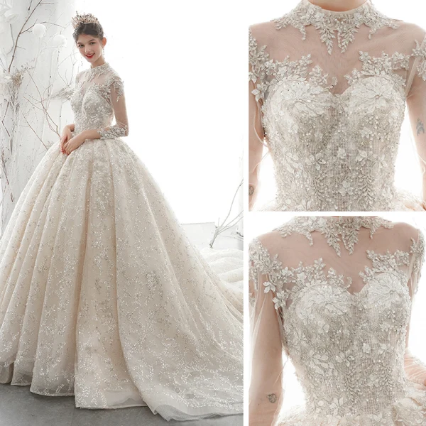 Luxe Champagne Transparentes La Mariée Robe De Mariée 2020 Robe Boule Col Haut 3/4 Manches Dos Nu Appliques En Dentelle Paillettes Perlage Cathedral Train Volants