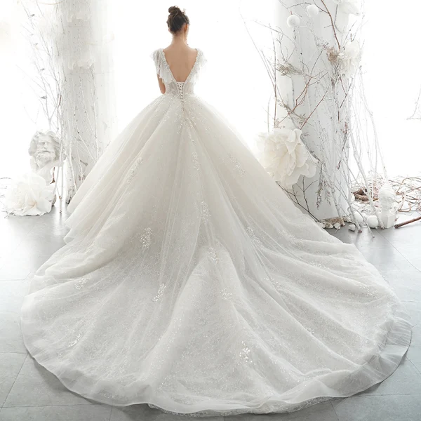 Luxury / Gorgeous Champagne Bridal Wedding Dresses 2020 Ball Gown See-through V-Neck Short Sleeve Backless Appliques Sequins Beading Cathedral Train Ruffle