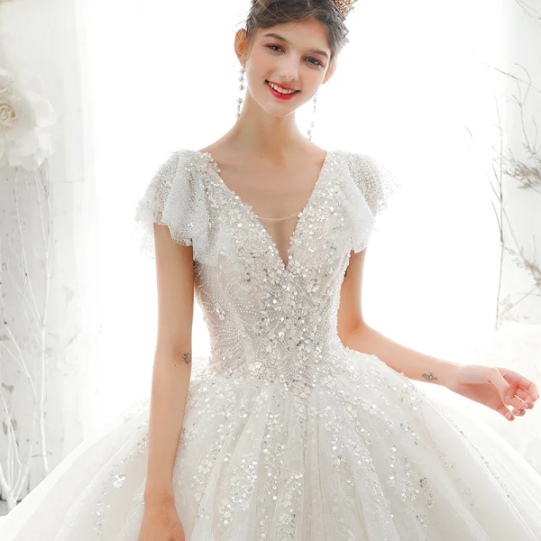 Luxury / Gorgeous Champagne Bridal Wedding Dresses 2020 Ball Gown See-through V-Neck Short Sleeve Backless Appliques Sequins Beading Cathedral Train Ruffle