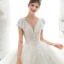 Luxury / Gorgeous Champagne Bridal Wedding Dresses 2020 Ball Gown See-through V-Neck Short Sleeve Backless Appliques Sequins Beading Cathedral Train Ruffle