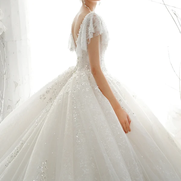 Luxury / Gorgeous Champagne Bridal Wedding Dresses 2020 Ball Gown See-through V-Neck Short Sleeve Backless Appliques Sequins Beading Cathedral Train Ruffle