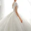 Luxury / Gorgeous Champagne Bridal Wedding Dresses 2020 Ball Gown See-through V-Neck Short Sleeve Backless Appliques Sequins Beading Cathedral Train Ruffle
