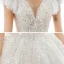 Luxury / Gorgeous Champagne Bridal Wedding Dresses 2020 Ball Gown See-through V-Neck Short Sleeve Backless Appliques Sequins Beading Cathedral Train Ruffle