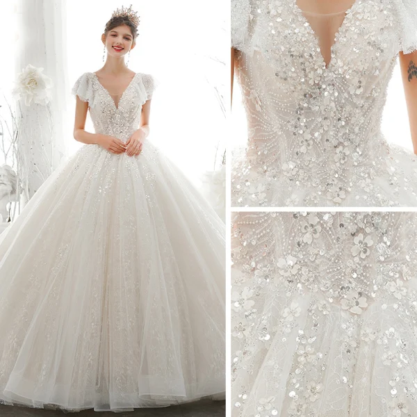 Luxury / Gorgeous Champagne Bridal Wedding Dresses 2020 Ball Gown See-through V-Neck Short Sleeve Backless Appliques Sequins Beading Cathedral Train Ruffle