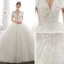 Luxury / Gorgeous Champagne Bridal Wedding Dresses 2020 Ball Gown See-through V-Neck Short Sleeve Backless Appliques Sequins Beading Cathedral Train Ruffle