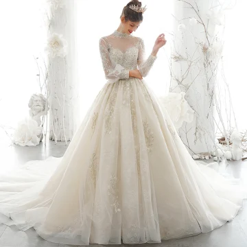 Victorian Style Champagne See Through Wedding Dresses 2020 Ball Gown High Neck Puffy Long Sleeve Backless Appliques Lace Sequins Handmade Beading Pearl Chapel Train Ruffle