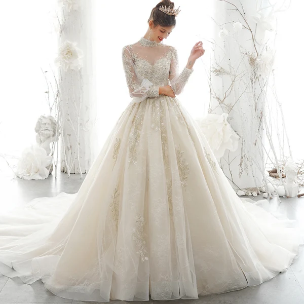 Victorian Style Champagne See-through Wedding Dresses 2020 Ball Gown High Neck Puffy Long Sleeve Backless Appliques Lace Sequins Handmade Beading Victorian Style Champagne See-through Wedding Dresses 2020 Ball Gown High Neck Puffy Long Sleeve Backless Appliques Lace Sequins Handmade Beading