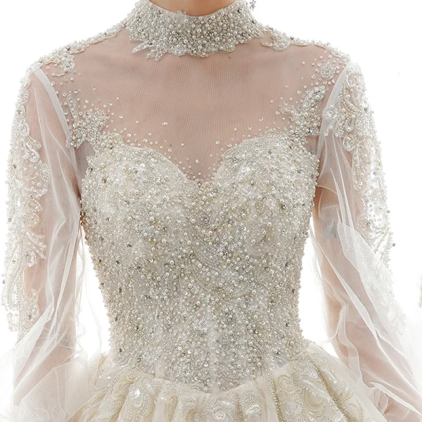 Viktorianischer Stil Champagner Durchsichtige Brautkleider / Hochzeitskleider 2020 Ballkleid Stehkragen Geschwollenes Lange Ärmel Rückenfreies Applikationen Spitze Pailletten Handgefertigt Perlenstickerei Perle Kapelle-Schleppe Rüschen