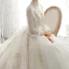 Viktorianischer Stil Champagner Durchsichtige Brautkleider / Hochzeitskleider 2020 Ballkleid Stehkragen Geschwollenes Lange Ärmel Rückenfreies Applikationen Spitze Pailletten Handgefertigt Perlenstickerei Perle Kapelle-Schleppe Rüschen