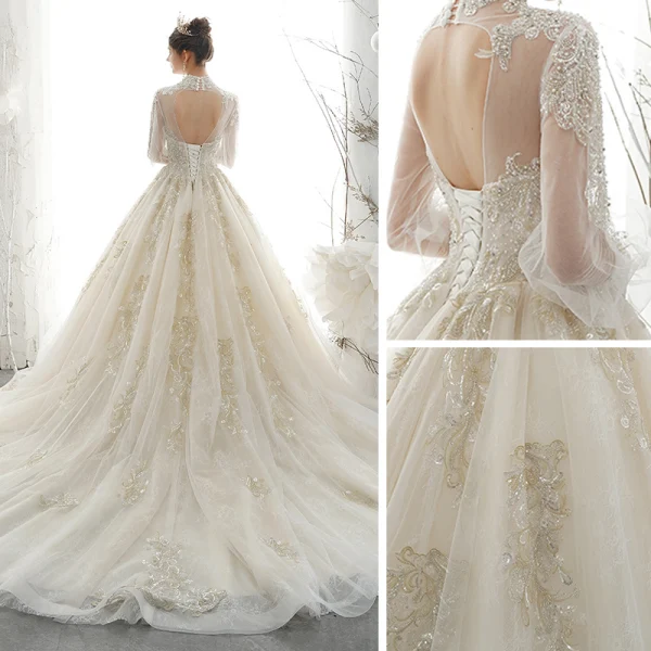 Viktorianischer Stil Champagner Durchsichtige Brautkleider / Hochzeitskleider 2020 Ballkleid Stehkragen Geschwollenes Lange Ärmel Rückenfreies Applikationen Spitze Pailletten Handgefertigt Perlenstickerei Perle Kapelle-Schleppe Rüschen
