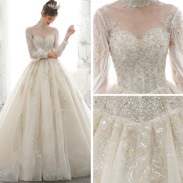 Viktorianischer Stil Champagner Durchsichtige Brautkleider / Hochzeitskleider 2020 Ballkleid Stehkragen Geschwollenes Lange Ärmel Rückenfreies Applikationen Spitze Pailletten Handgefertigt Perlenstickerei Perle Kapelle-Schleppe Rüschen