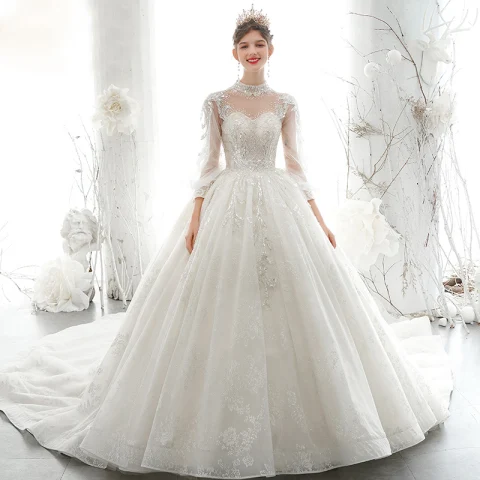 Viktorianischer Stil Ivory / Creme Durchsichtige Hochzeits Brautkleider / Hochzeitskleider 2020 Ballkleid Stehkragen Geschwollenes 3/4 Ärmel Rückenfreies Applikationen Pailletten Perlenstickerei Kathedrale Schleppe Rüschen