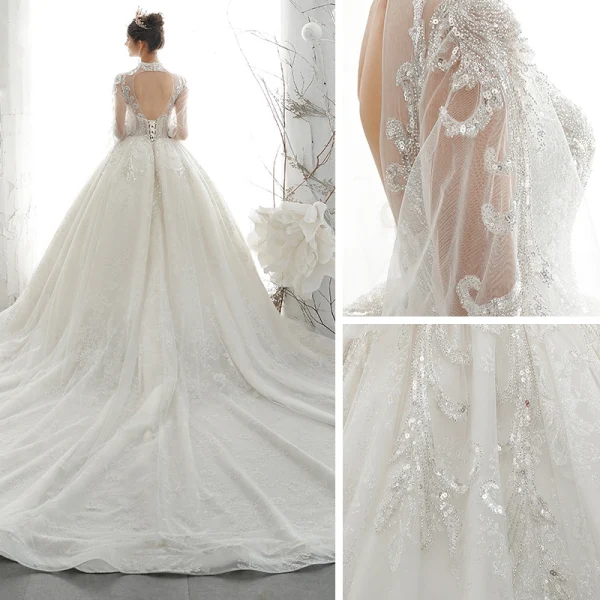 Style Victorien Ivoire Transparentes La Mariée Robe De Mariée 2020 Robe Boule Col Haut Gonflée 3/4 Manches Dos Nu Appliques Paillettes Perlage Cathedral Train Volants