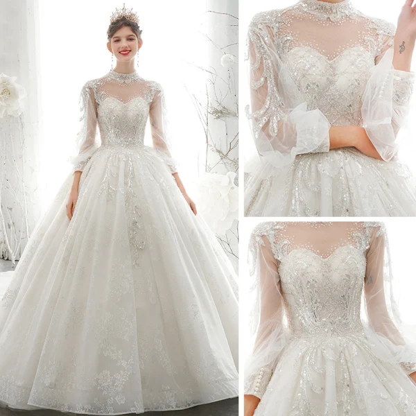 Style Victorien Ivoire Transparentes La Mariée Robe De Mariée 2020 Robe Boule Col Haut Gonflée 3/4 Manches Dos Nu Appliques Paillettes Perlage Cathedral Train Volants