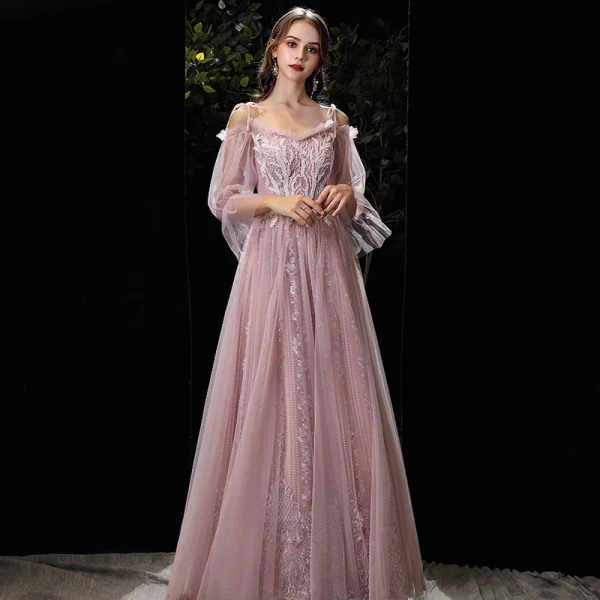 Élégant Rougissant Rose Robe De Soirée 2020 Princesse De l'épaule Gonflée 3/4 Manches Bretelles Spaghetti Dos Nu Appliques En Dentelle Perlage Longue Robe De Ceremonie