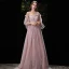 Élégant Rougissant Rose Robe De Soirée 2020 Princesse De l'épaule Gonflée 3/4 Manches Bretelles Spaghetti Dos Nu Appliques En Dentelle Perlage Longue Robe De Ceremonie