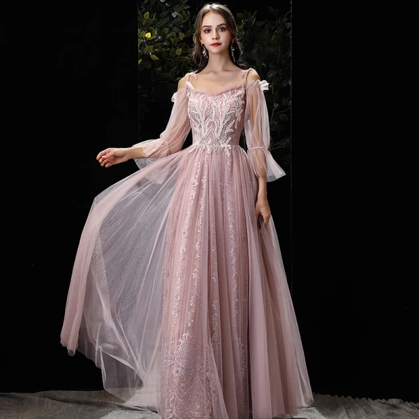 Élégant Rougissant Rose Robe De Soirée 2020 Princesse De l'épaule Gonflée 3/4 Manches Bretelles Spaghetti Dos Nu Appliques En Dentelle Perlage Longue Robe De Ceremonie