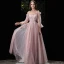 Élégant Rougissant Rose Robe De Soirée 2020 Princesse De l'épaule Gonflée 3/4 Manches Bretelles Spaghetti Dos Nu Appliques En Dentelle Perlage Longue Robe De Ceremonie